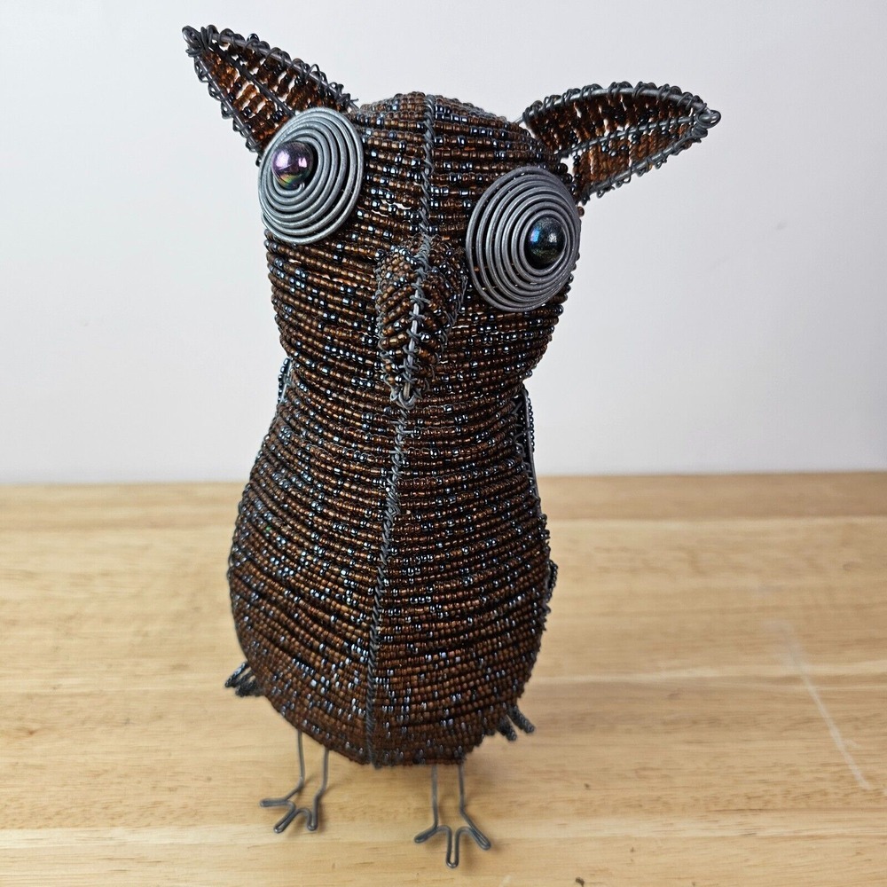 Beaded Owl Bird Handcrafted Brown‎ Gray Wire Figurine 9" Home Decor Nature Gift